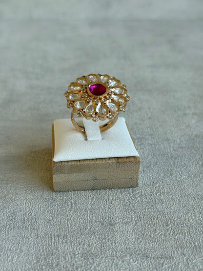 Ayura Designs Luisa Adjustable Ring – Pink Centre Stone with Crystal Petal Detailing