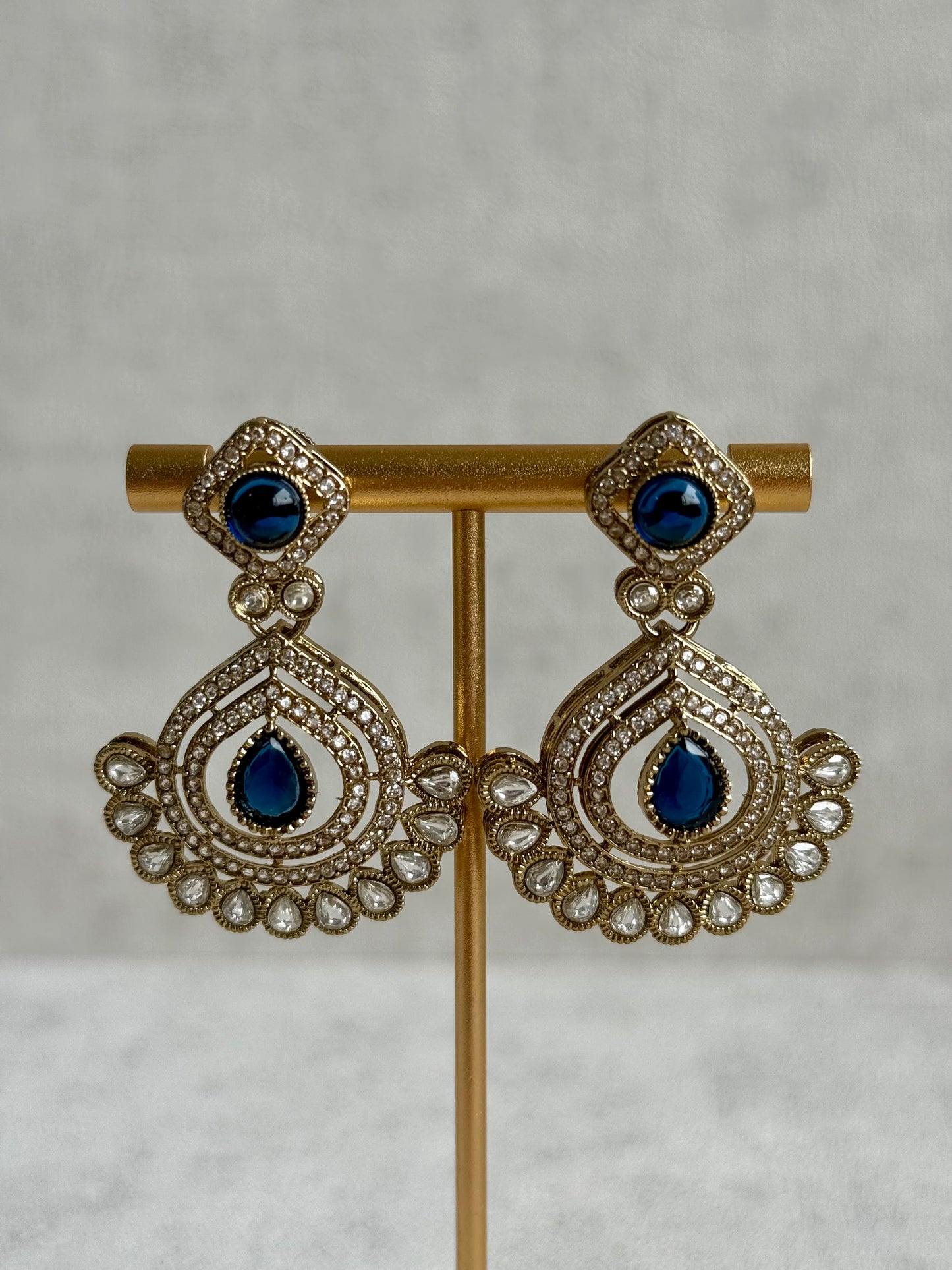 Ayura Designs Sahira Set – Necklace, Earrings & Tikka with Sapphire Blue Stones, Mirror-Cut Detailing & Antique Gold Finish
