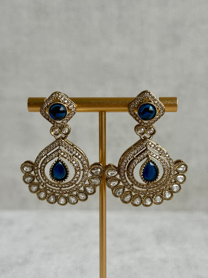 Ayura Designs Sahira Set – Necklace, Earrings & Tikka with Sapphire Blue Stones, Mirror-Cut Detailing & Antique Gold Finish
