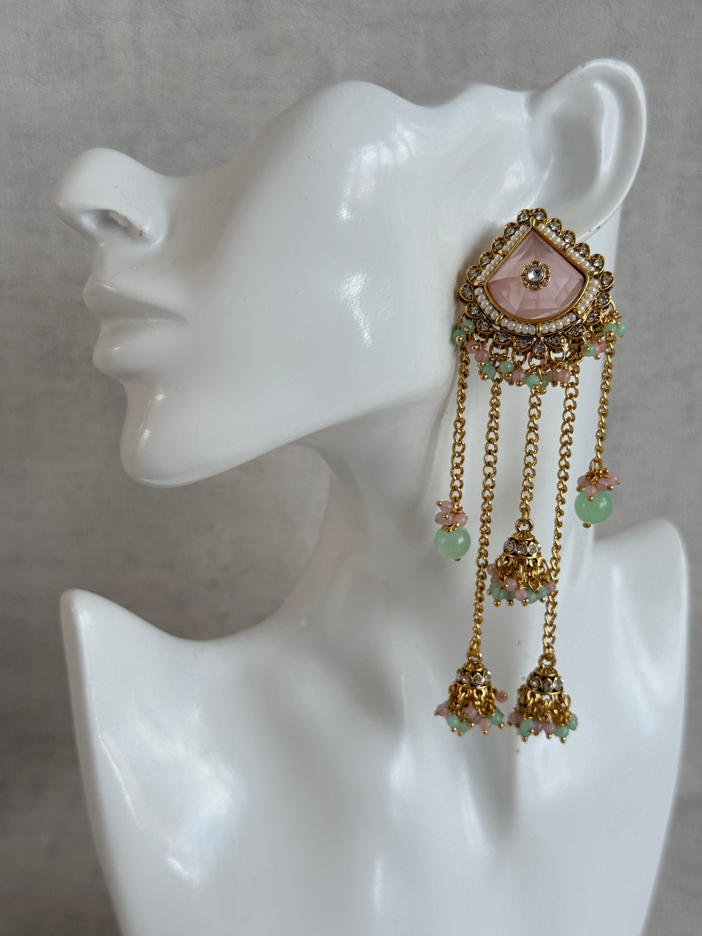 Ayura Designs Tanika Earrings – Blush Pink & Mint Green Duster Earrings with Jhumki Drops