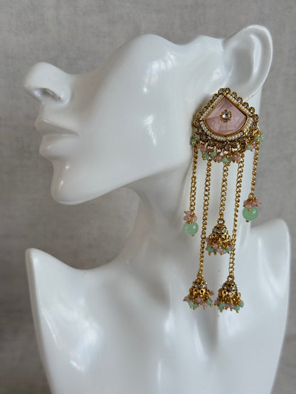 Ayura Designs Tanika Earrings – Blush Pink & Mint Green Duster Earrings with Jhumki Drops
