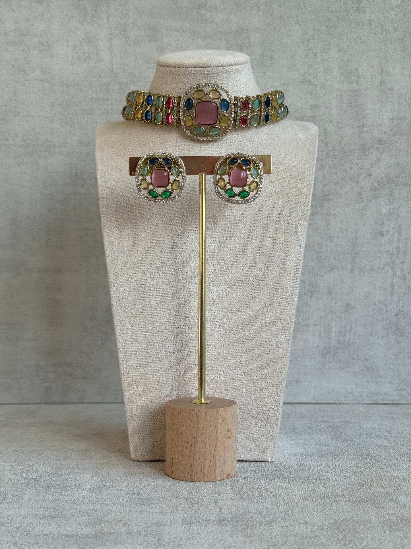 Ayura Designs Kiara Choker Set with Stud Earrings – Multicolour Stones, Moissanite Brilliance & Antique Gold Finish