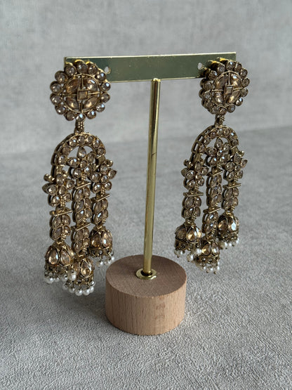 Ayura Designs Soraya Earrings – Champagne Stones, Mirror-Cut Crystals, Pearl Detailing & Gold Finish