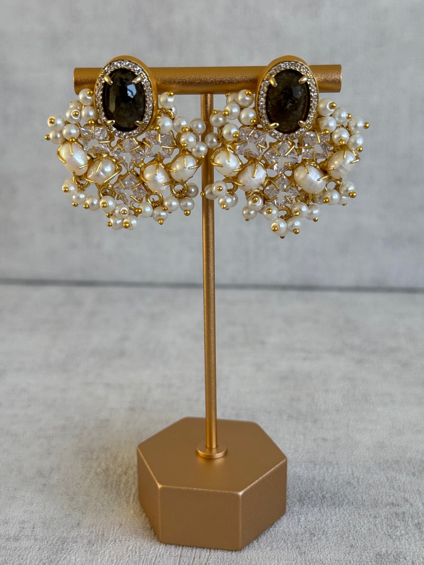 Ayura Designs Celeste Earrings – Dark Quartz, Baroque Pearls & Crystals