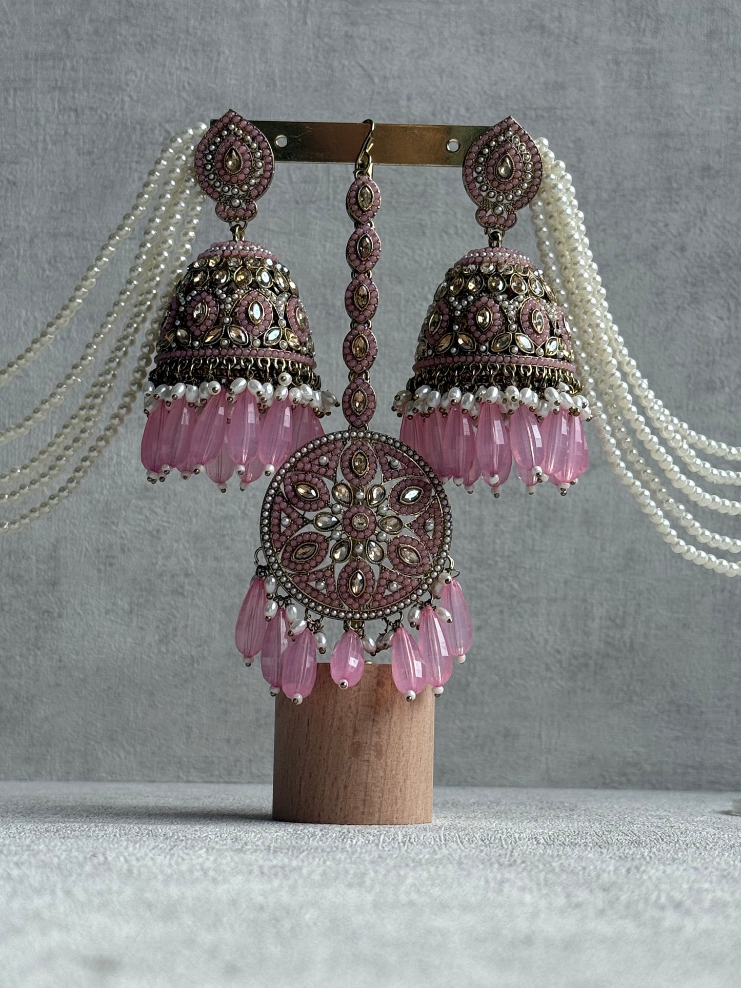 Ayura Designs Amrita Tikka Set – Jhumkis with Sahare & Tikka in Blush Pink, Pearls and Antique Gold Finish