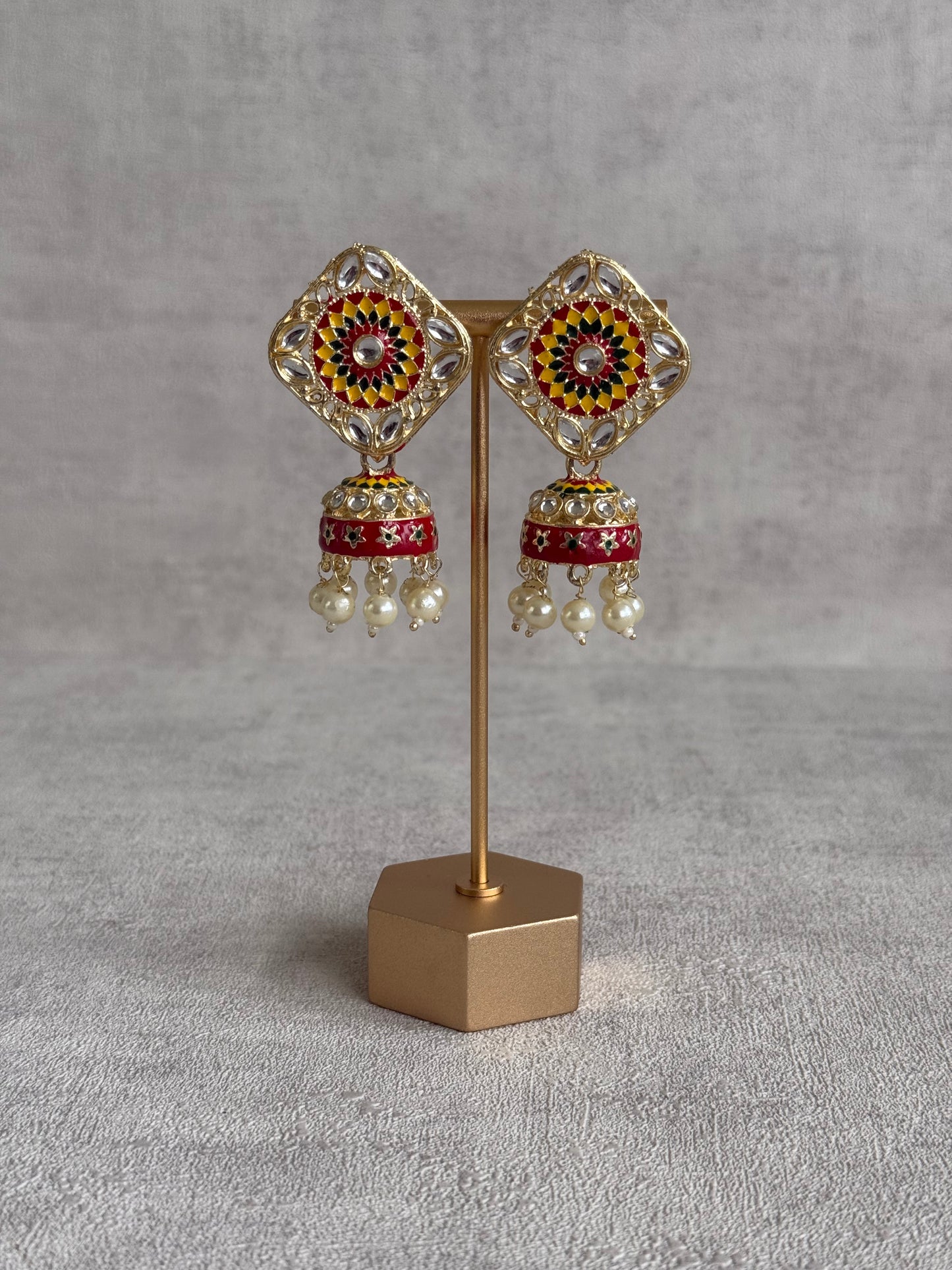 Ayura Designs Rangoli Jhumkis – Marigold Yellow, Deep Red & Forest Green Meenakari with Pearl Drops in Antique Gold Finish