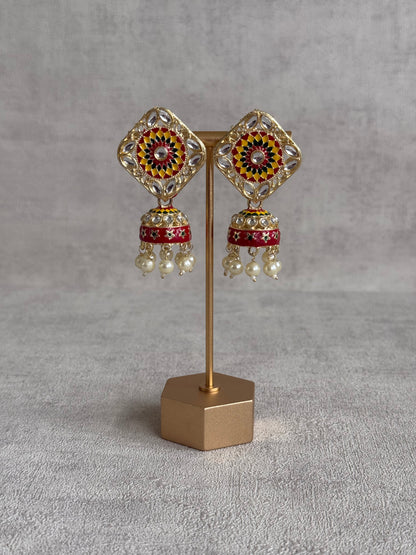 Ayura Designs Rangoli Jhumkis – Marigold Yellow, Deep Red & Forest Green Meenakari with Pearl Drops in Antique Gold Finish