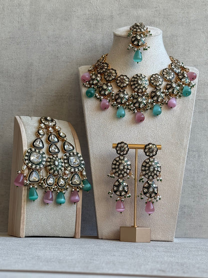 Ayura Designs Sumaira Set with Passa – Necklace, Earrings, Tikka & Passa with Kundan, Green Meenakari Detailing & Aqua-Pink Drops
