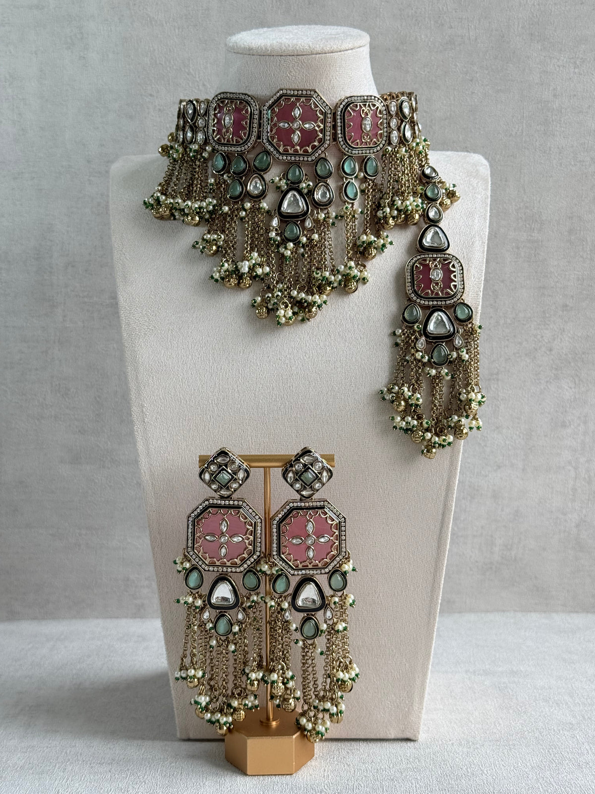 Ayura Designs Ashna Choker Set with Tikka and Earrings – Rose Pink, Mint Green & Kundan with Chains & Ghungroos in Antique Gold Finish
