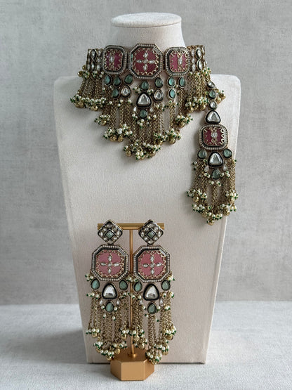 Ayura Designs Ashna Choker Set with Tikka and Earrings – Rose Pink, Mint Green & Kundan with Chains & Ghungroos in Antique Gold Finish