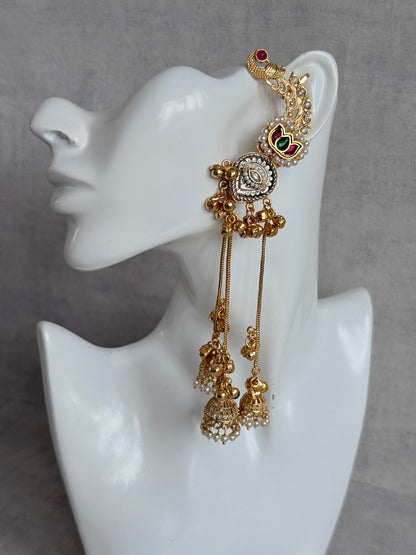 Ayura Designs Kaifiya Earrings – Peacock-Inspired Half Ear Cuff Jhumkis with Ruby Pink & Emerald Stones