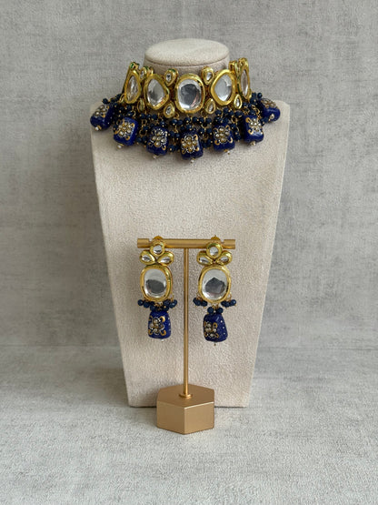 Ayura Designs Gyan Set With Choker And Earrings – Kundan Stones And Navy Blue Meenakari Drops