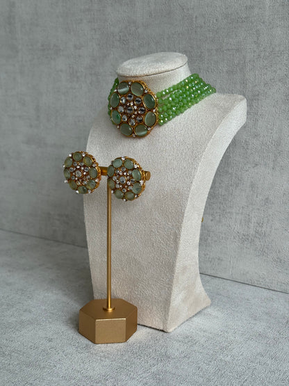 Ayura Designs Yasmin Kundan Choker Set with Studs – Leaf Green Beads & Mirror-Cut Stones