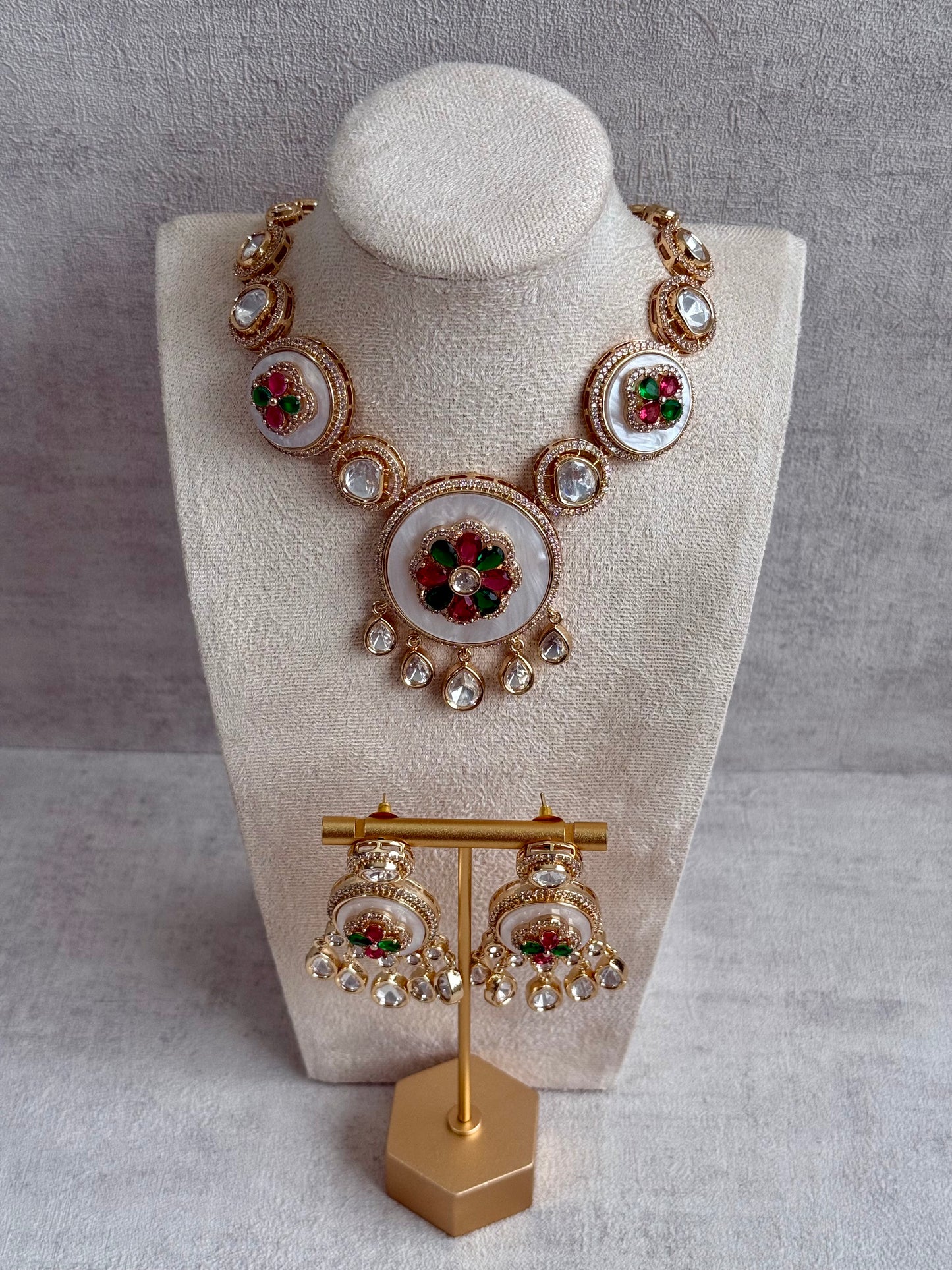 Ayura Designs Wisah Set – Necklace & Earrings with Mirror-Cut Stones, Fuchsia, Emerald & Mother-of-Pearl Detailing