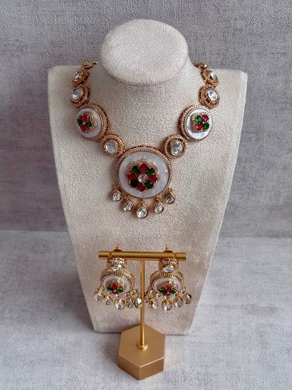 Ayura Designs Wisah Set – Necklace & Earrings with Mirror-Cut Stones, Fuchsia, Emerald & Mother-of-Pearl Detailing