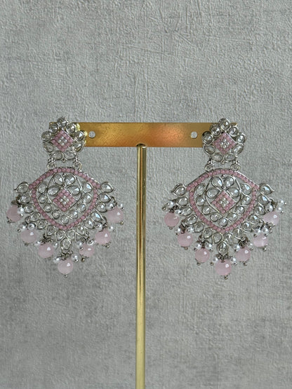Ayura Designs Kanika Set – Necklace, Earrings & Tikka with Blush Pink Beads, Mirror-Cut Stones & Silver Finish