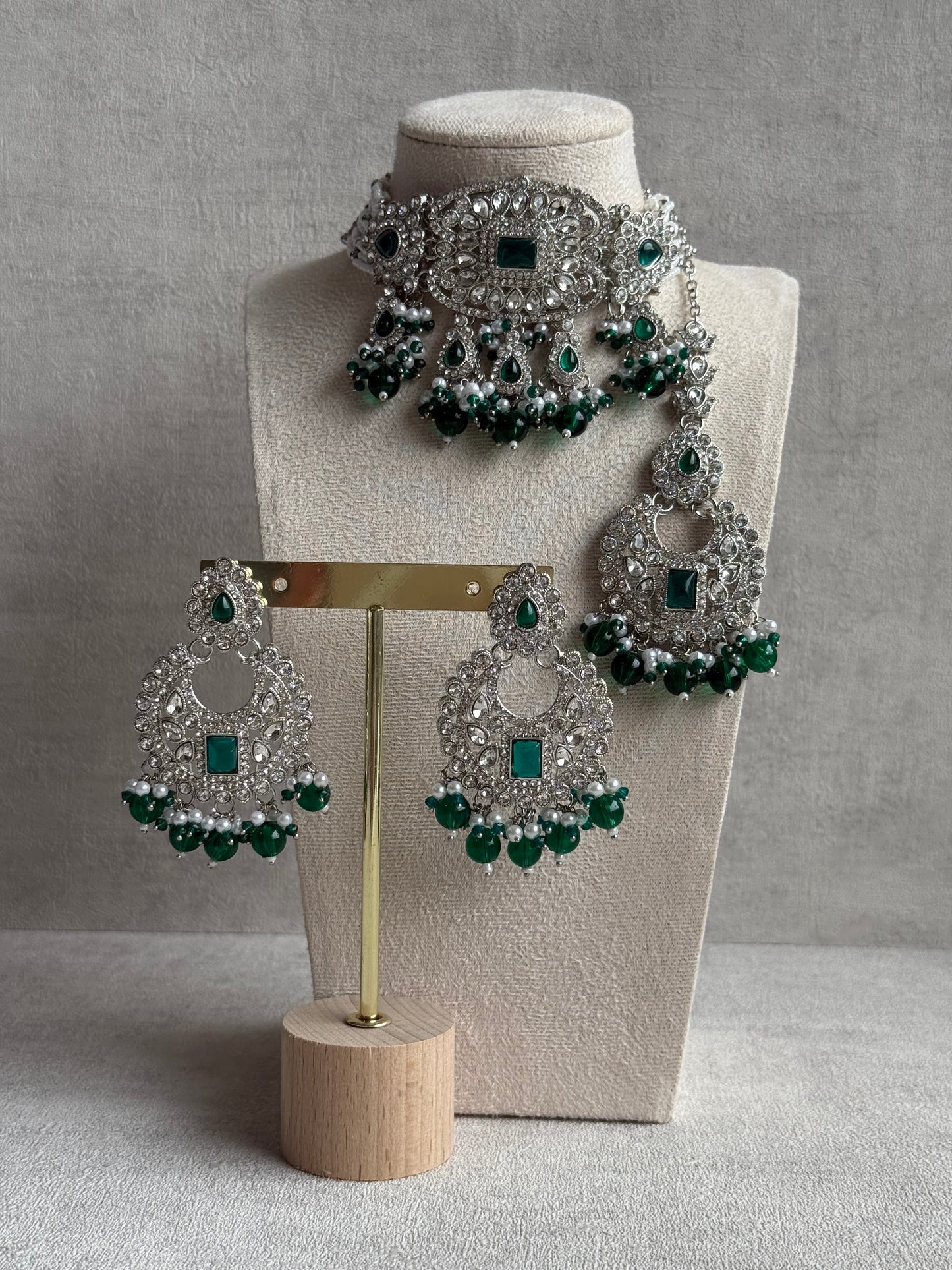 Ayura Designs Nandhini Set – Choker, Earrings & Tikka with Emerald Green Stones, Pearls & Silver Finish