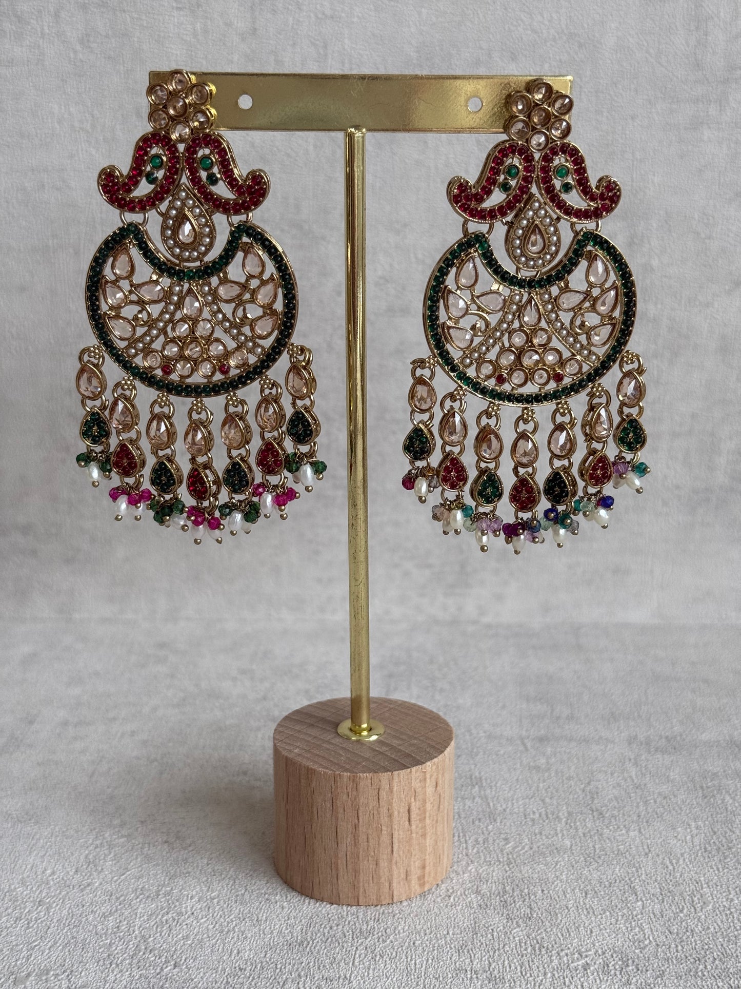 Ayura Designs Anvi Tikka Set with Earrings – Ruby Red & Emerald Green with Champagne Stones