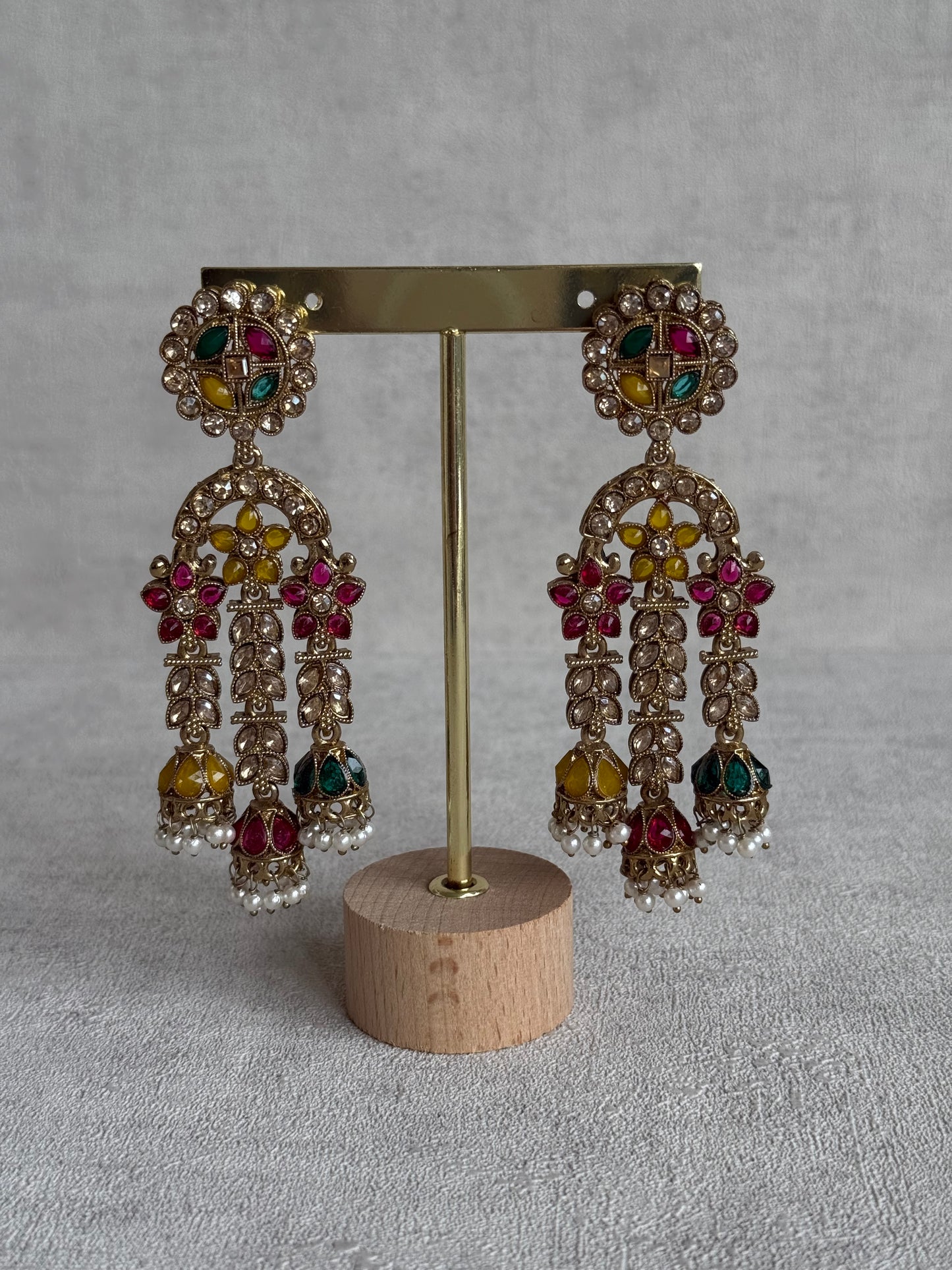 Ayura Designs Soraya Earrings – Multicolour Stones, Champagne Crystals, Pearl Detailing & Gold Finish