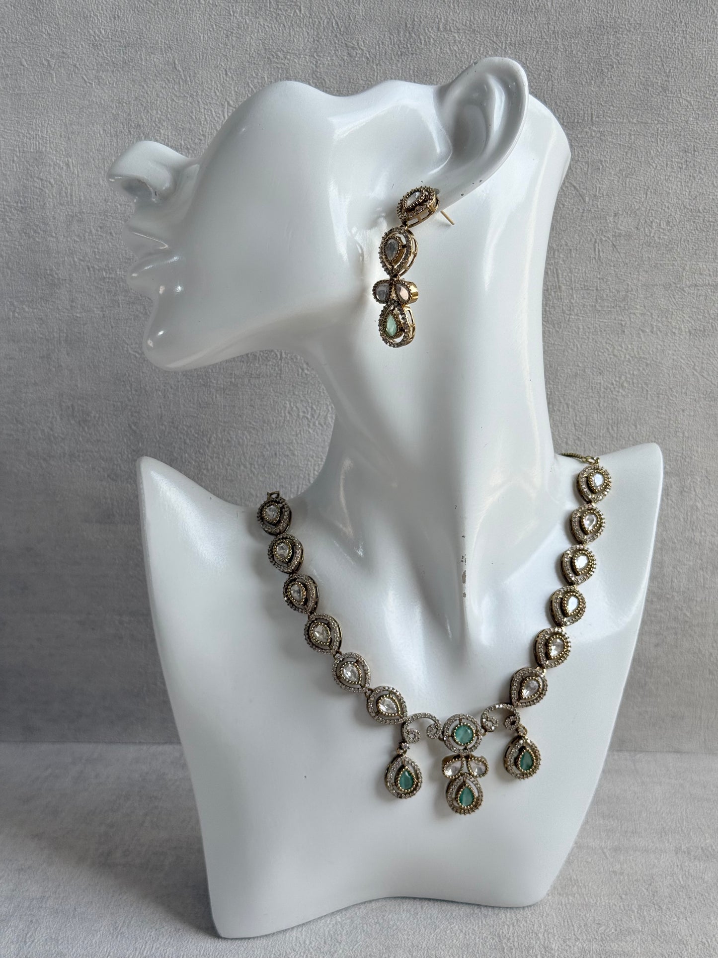 Ayura Designs Bianca Necklace Set with Earrings – Mint Green & White Kundan, Crystals & Gold Finish