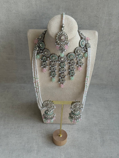 Ayura Designs Nawal Set – Necklace, Jhumkis, Tikka & Detachable Sahare with Mint & Blush Beads, Pearls & Antique Silver Finish