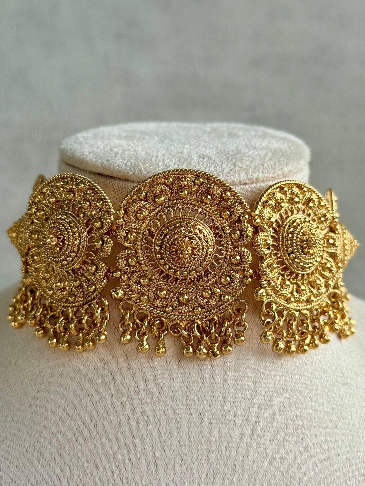 Ayura Designs Rami Choker Set with Earrings & Tikka – Antique Gold Medallions with Ghungroo Drops
