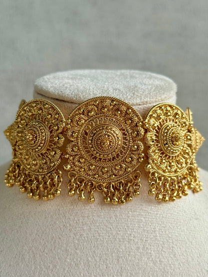 Ayura Designs Rami Choker Set with Earrings & Tikka – Antique Gold Medallions with Ghungroo Drops