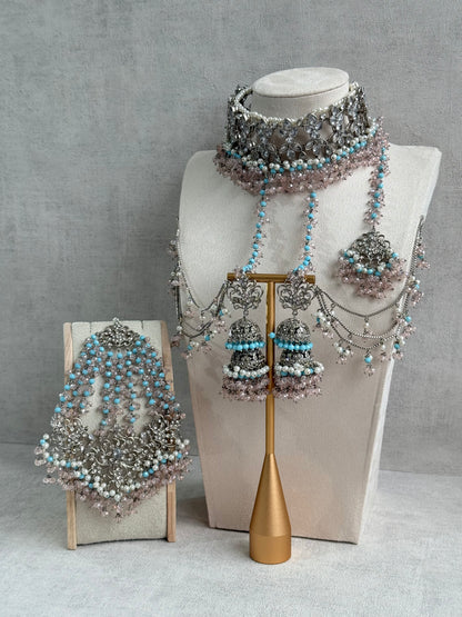 Ayura Designs Arasi Set with Choker, Passa, Tikka & Sahare Jhumkis – Antique Silver with Blush Pink Crystals, Aqua Blue Beads & Ivory Pearls