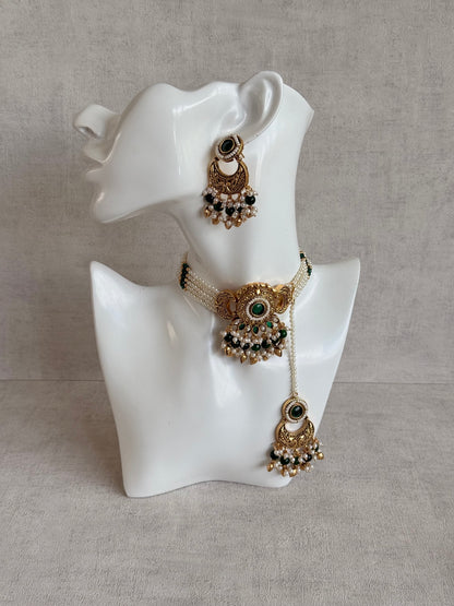 Ayura Designs Mehr Choker Set with Earrings & Tikka – Emerald Green Stones, Pearl Beads, Pearl Strands & Antique Gold Finish
