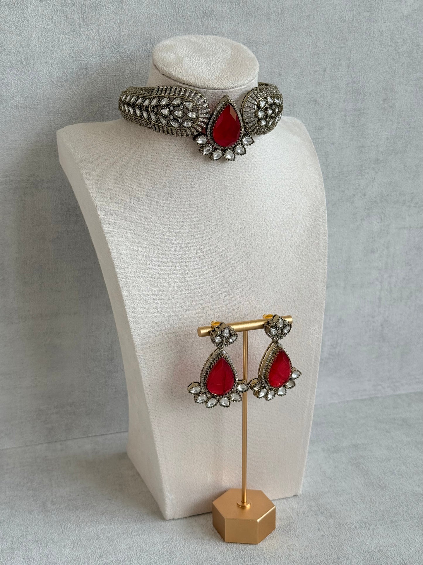 Ayura Designs Ziva Choker Set with Earrings – Ruby Red Teardrop Stone with Moissanite Style Detailing