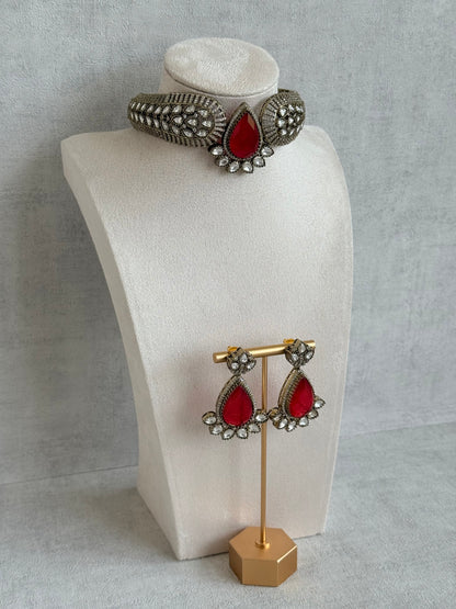 Ayura Designs Ziva Choker Set with Earrings – Ruby Red Teardrop Stone with Moissanite Style Detailing