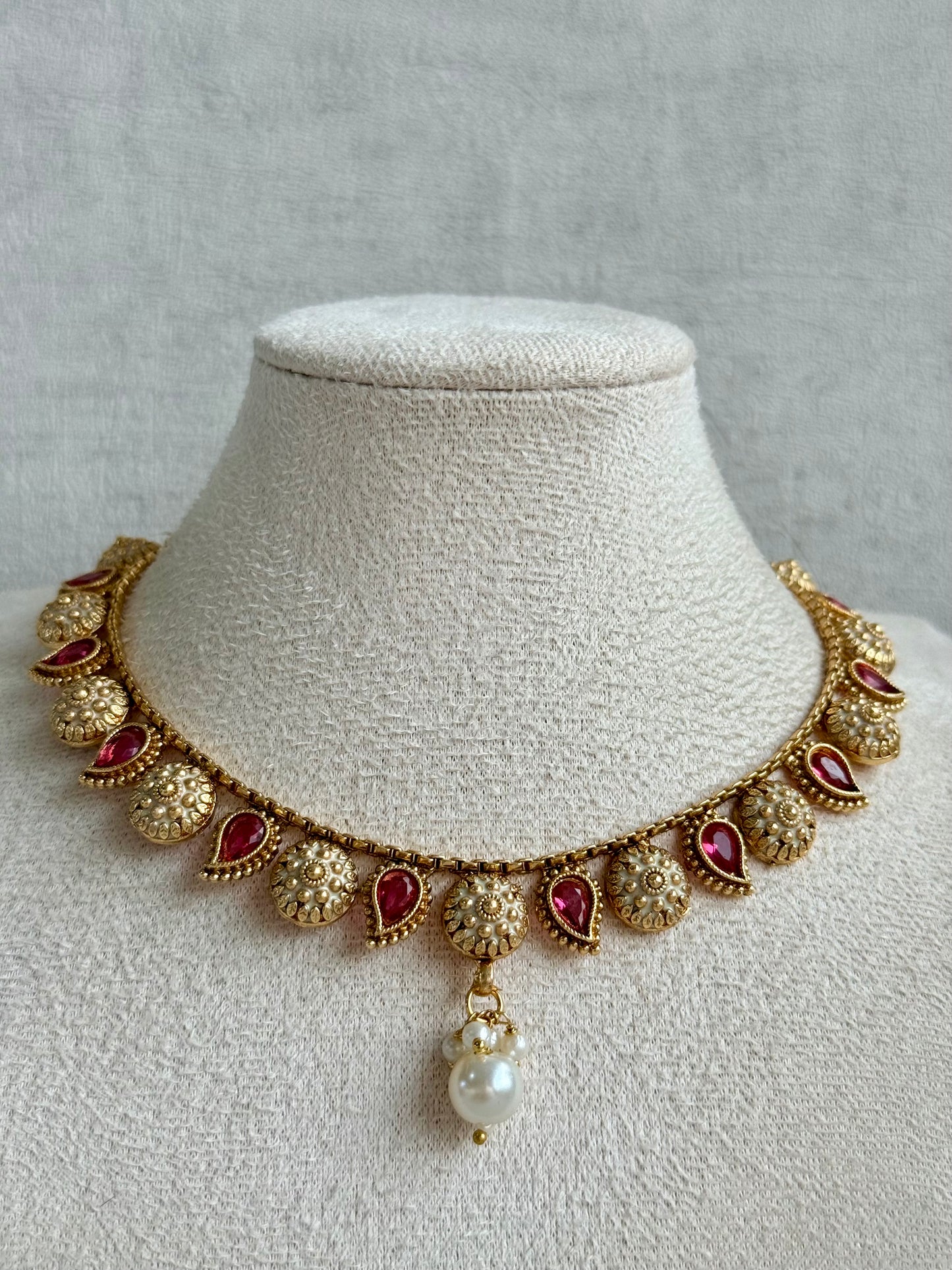 Ayura Designs Mayura Necklace Set with Earrings – Antique Gold Meenakari Motifs with Pearl Drop & Rani Pink Stones
