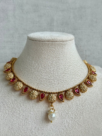 Ayura Designs Mayura Necklace Set with Earrings – Antique Gold Meenakari Motifs with Pearl Drop & Rani Pink Stones
