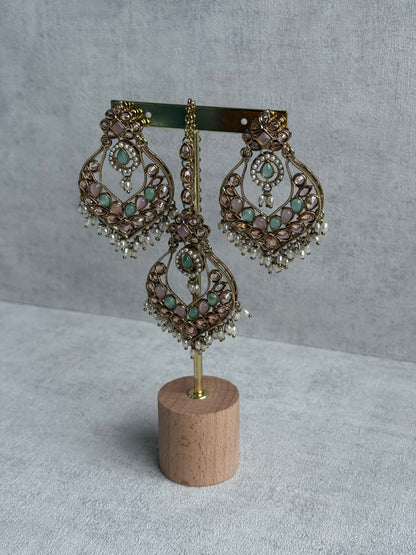 Ayura Designs Damini Tikka Set – Mirror-Cut Kundan Earrings & Tikka with Mint & Blush Enamel and Pearl Detailing