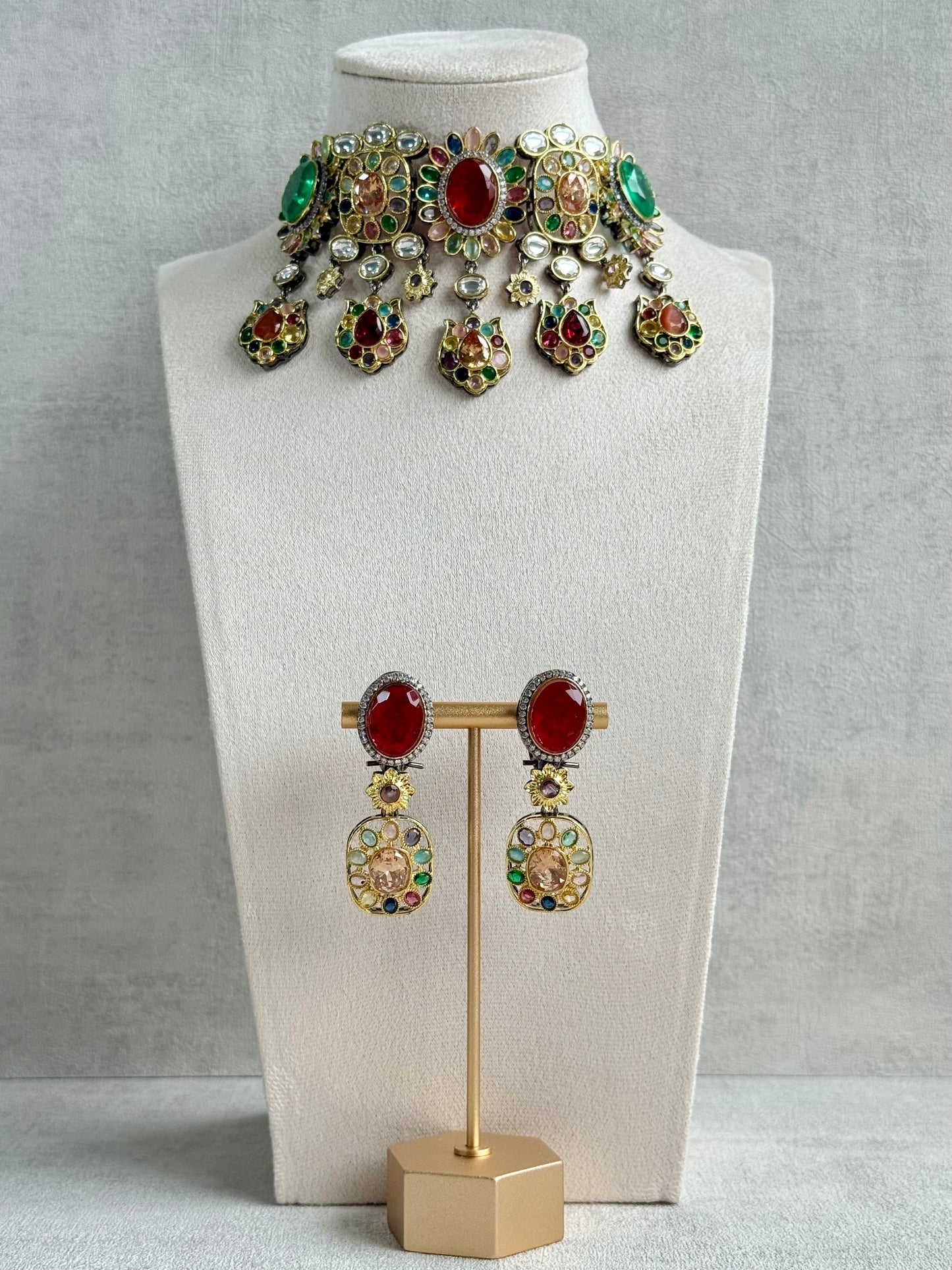 Ayura Designs Verity Choker Set with Earrings – Multicolour Stones, Crystal Accents & Antique Silver Finish