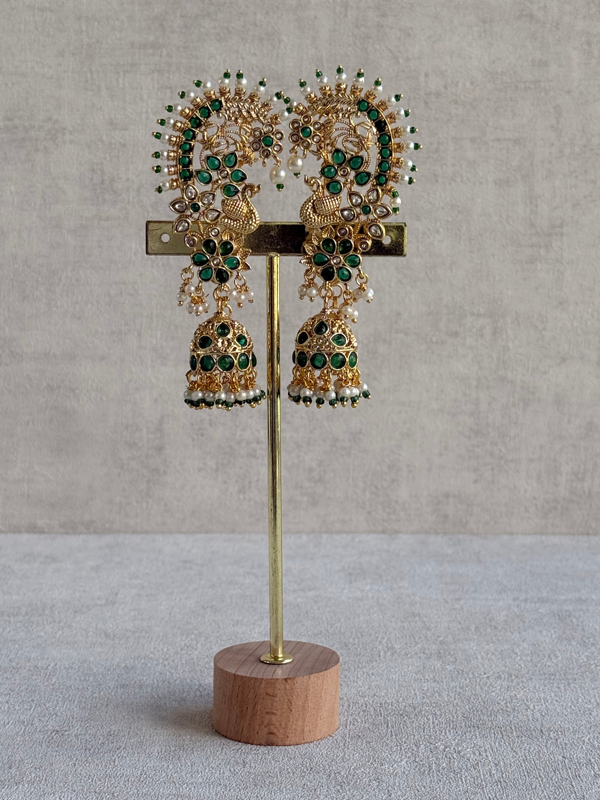 Ayura Designs Nitya Kaanphool Jhumkis – Gold Peacock Motifs, Emerald Green Kundan & Pearl Drops with Attached Sahare