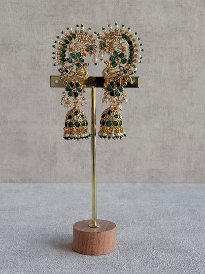 Ayura Designs Nitya Kaanphool Jhumkis – Gold Peacock Motifs, Emerald Green Kundan & Pearl Drops with Attached Sahare