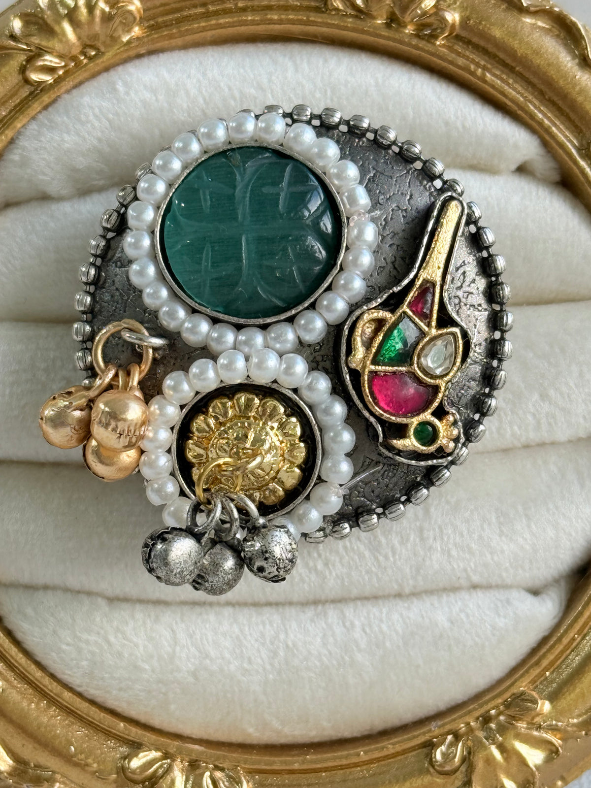 Ayura Designs Mihika Adjustable Ring – Oxidised Statement Ring with Green Stone, Pearl Detailing & Parrot Motif