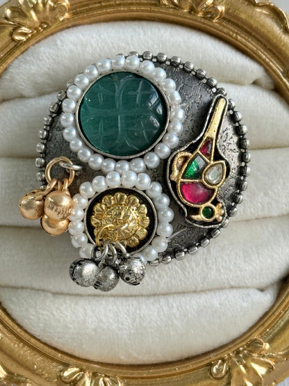Ayura Designs Mihika Adjustable Ring – Oxidised Statement Ring with Green Stone, Pearl Detailing & Parrot Motif