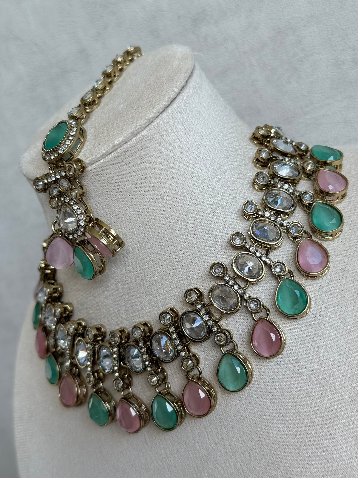 Ayura Designs Ava Necklace Set with Earrings & Tikka – Mint Green & Blush Pink Stone Necklace Set in Antique Gold Finish