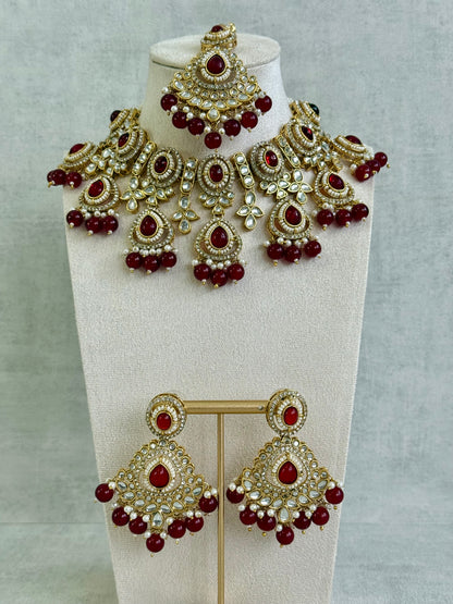 Ayura Designs Janvi Set with Necklace, Earrings & Tikka – Kundan Detailing, Ruby Red Beads & Ivory Pearl Drops