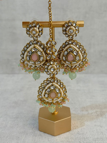 Ayura Designs Tehreem Set with Necklace, Earrings & Tikka – Mirror-Cut Stones, Mint Green & Pink Beads & Antique Gold Finish