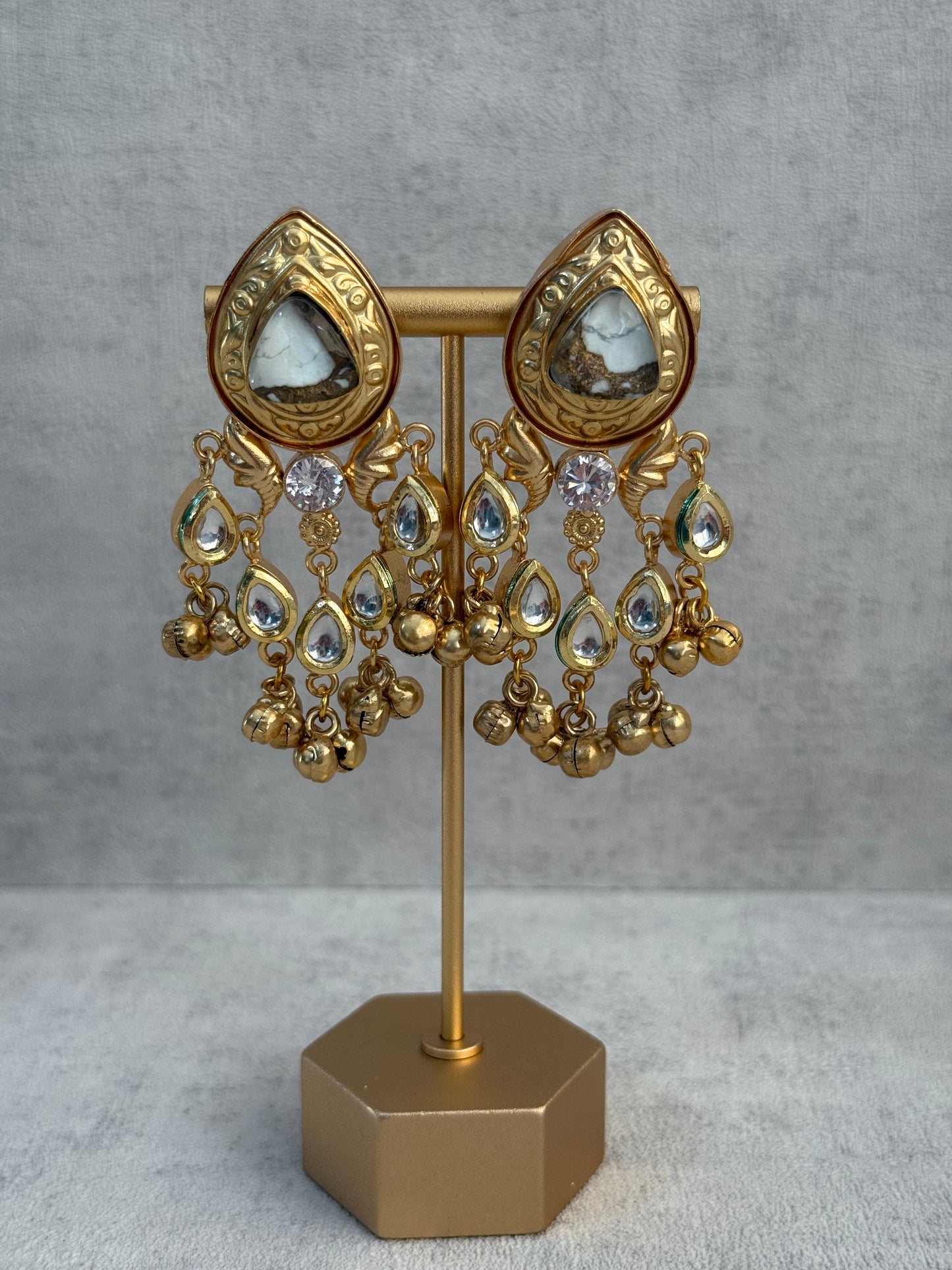 Ayura Designs Arheer Earrings – White & Bronze Marble with Kundan Detailing & Antique Gold Ghungroos