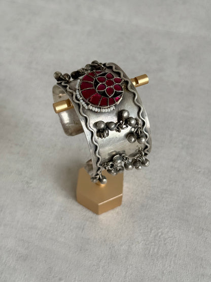 Ayura Designs Ketki Adjustable Cuff Bracelet – Ruby Pink Kundan Floral Motif & Ghungroo Detailing
