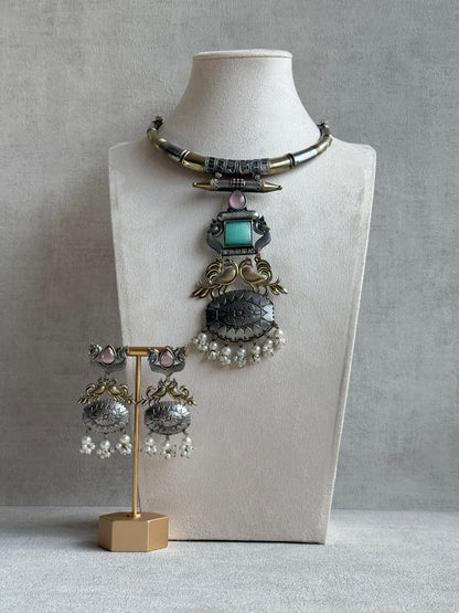 Ayura Designs Tansen Necklace Set with Earrings – Dual Tone Oxidised Necklace with Bird Motifs, Aqua Centre Stone & Pearl Detailing