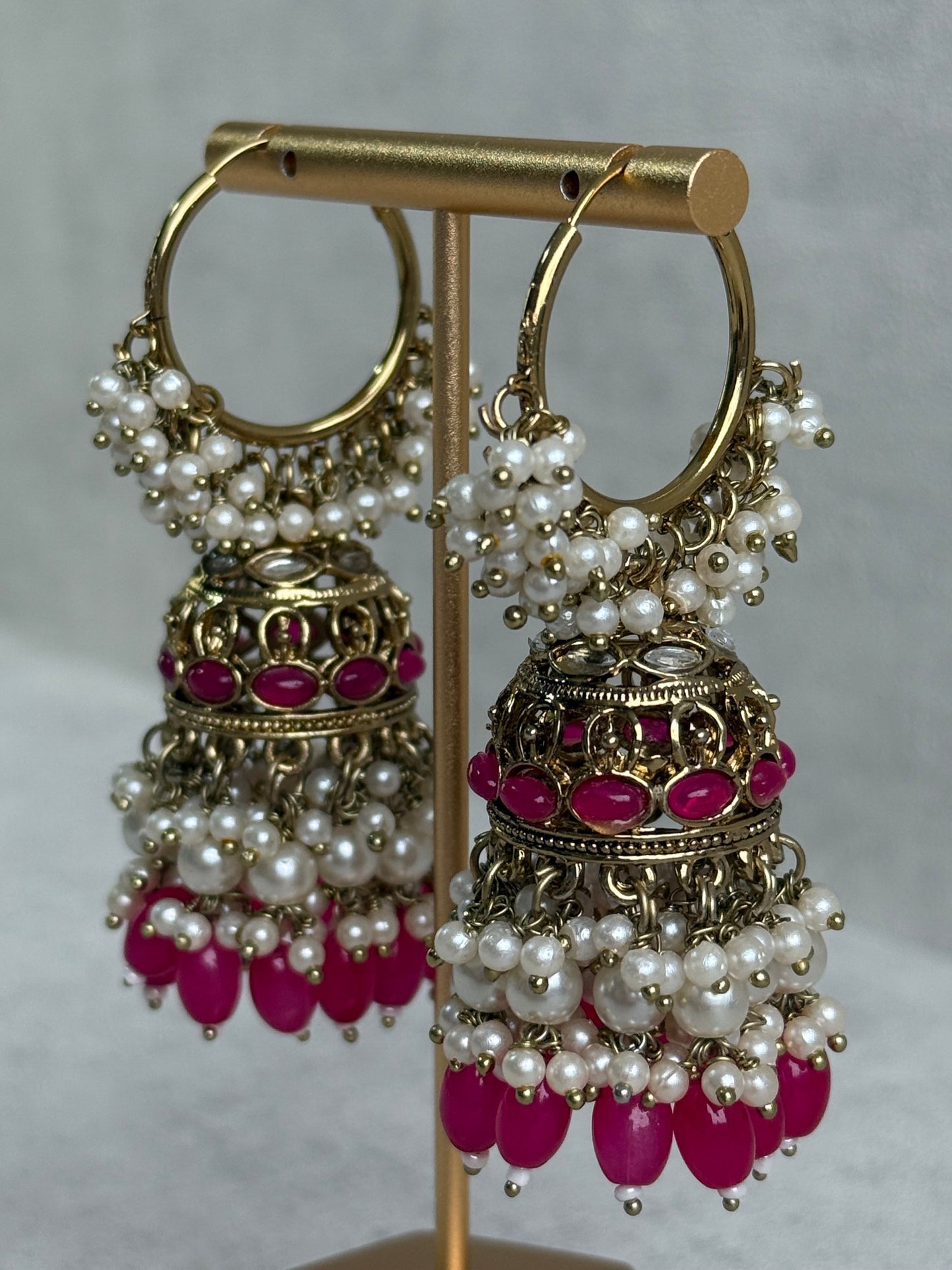 Ayura Designs Jugni Jhumkis – Antique Gold Balis with Fuchsia Beads & Pearl Clusters