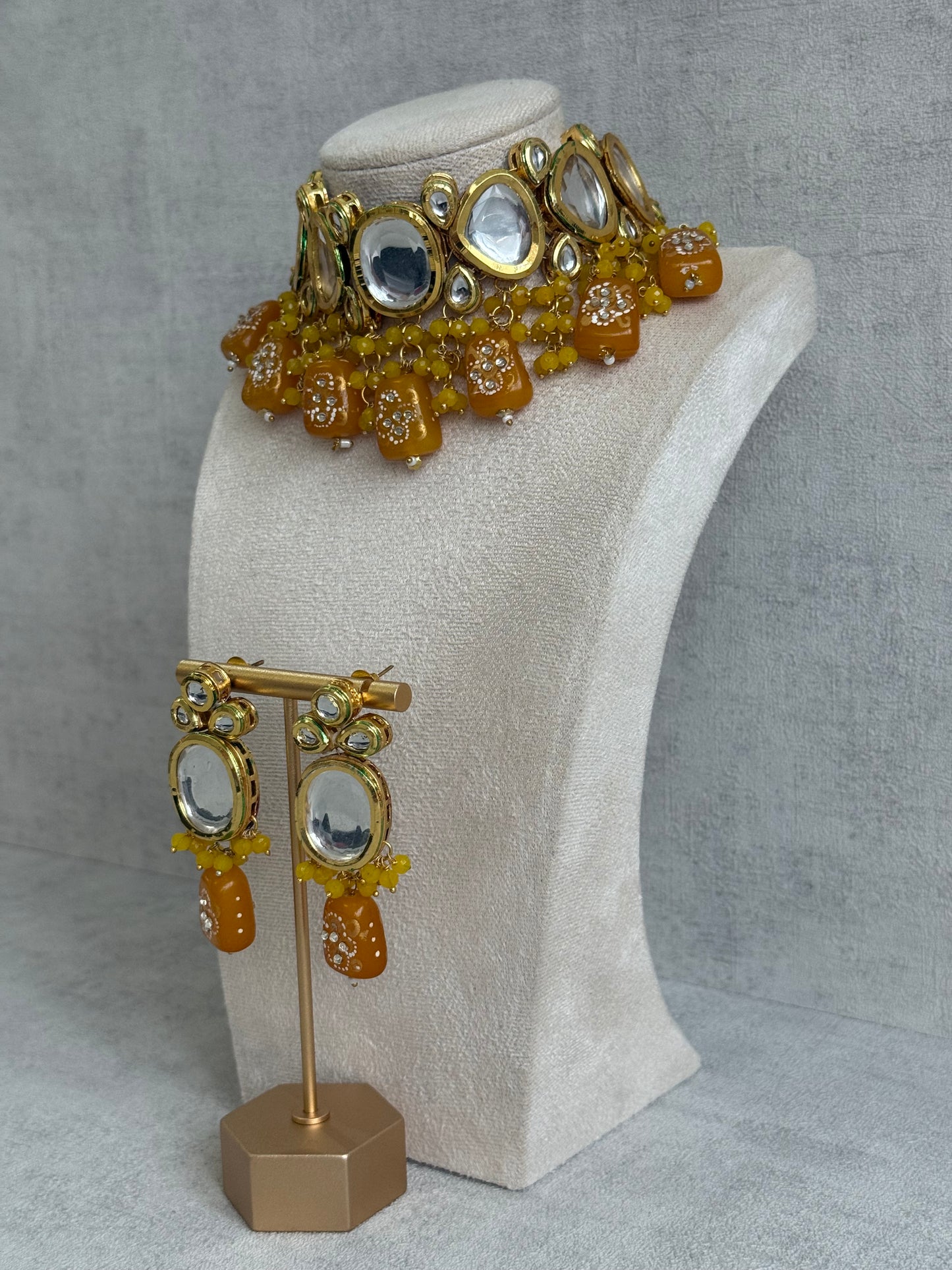 Ayura Designs Gyan Set With Choker And Earrings – Kundan Stones And Mustard Yellow Meenakari Drops