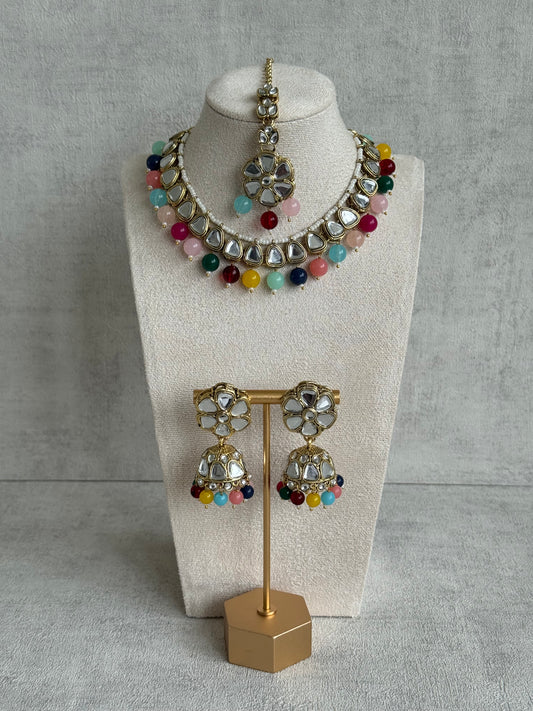 Ayura Designs Mishal Set with Jhumkis & Tikka – Multicolour Beads & Mirror-Cut Stones