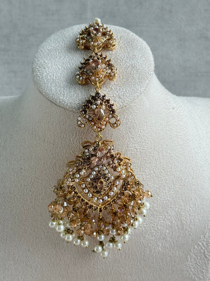 Ayura Designs Safia Tikka Set with Sahare Earrings – Champagne Gold Beads & Pearls