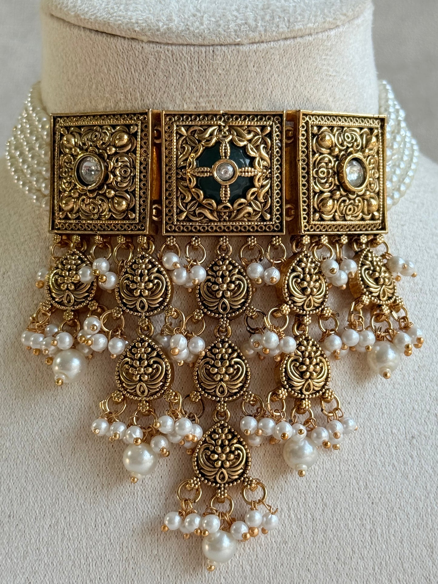 Ayura Designs Samera Choker Set with Earrings & Tikka – Ivory Beads, Pearl Detailing, Green Centre Stone, Floral Motifs & Antique Gold Finish